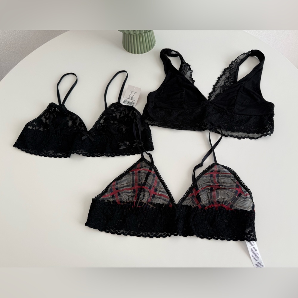 Hanky Panky Black Lace Brallette Trio with Red Plaid Accents